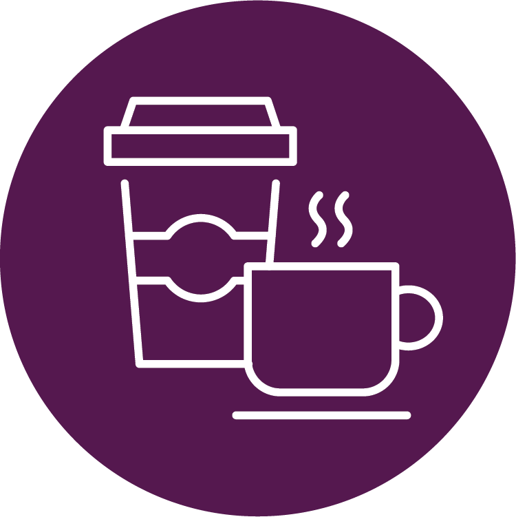 White line drawing of mug with steam and to-go coffee cup, on purple background