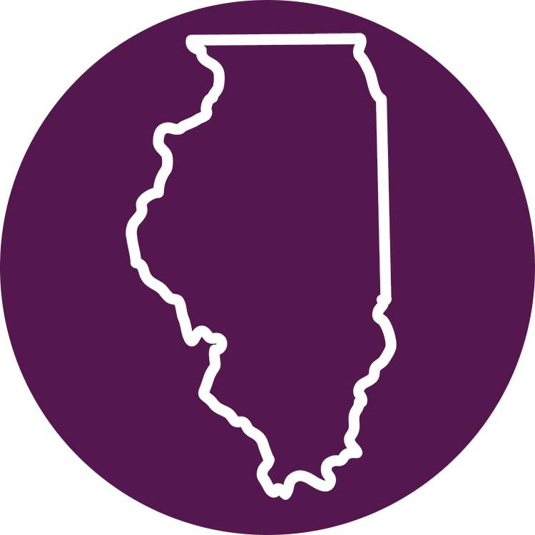 White line drawing of Illinois on a purple background
